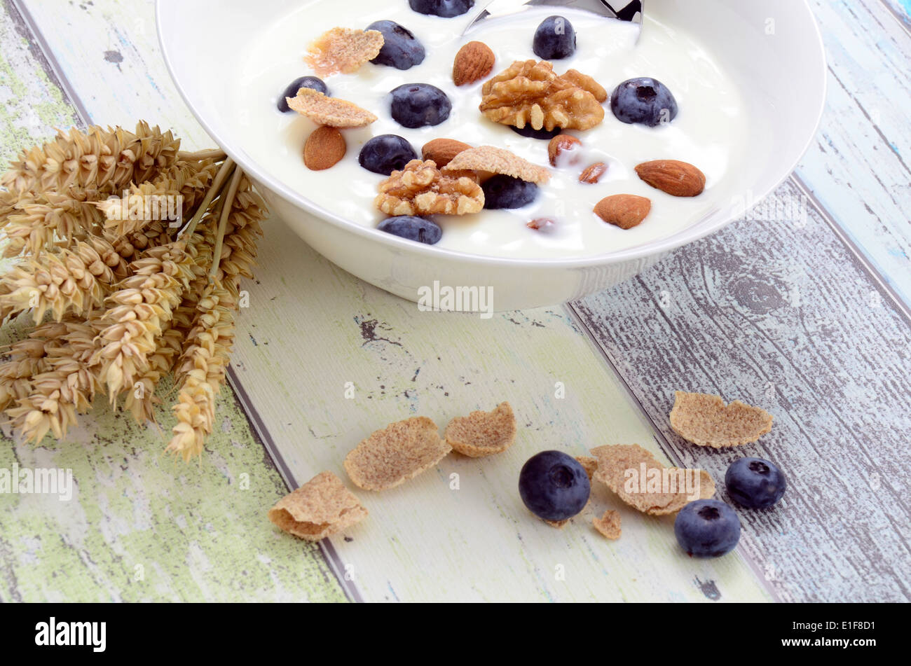 Fresh yogurt with cereals and blueberries in a bowl Stock Photo