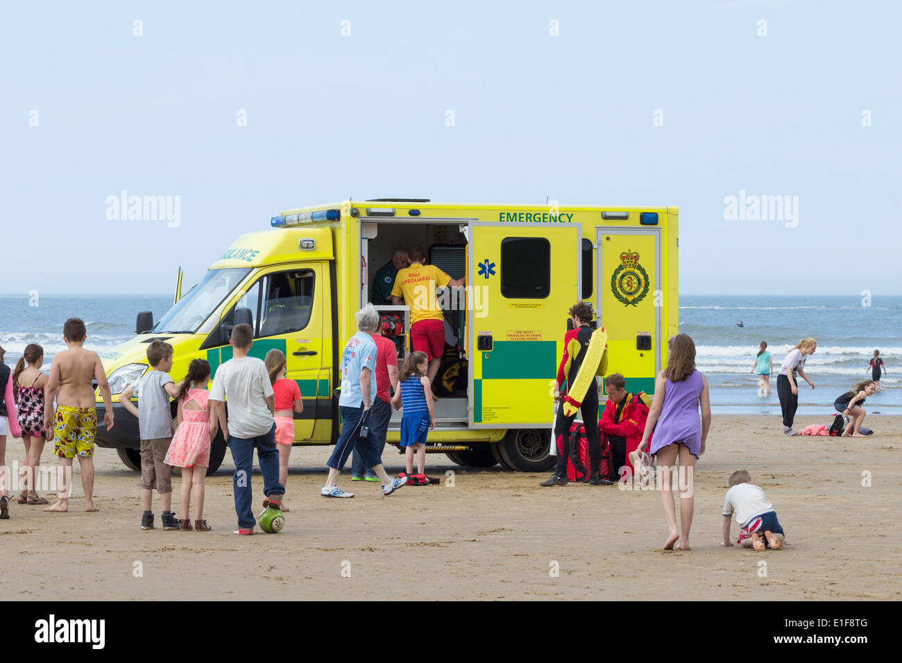 Ambulance and Lifeguards on Saltburn beach. Saltburn by the sea, North Yorkshire, England. UK Stock Photo