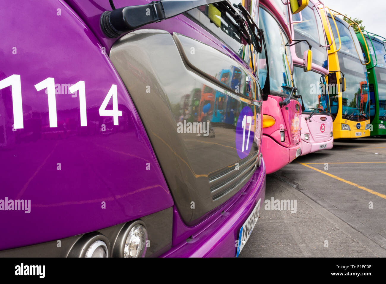Many multicoloured buses in a line. Reading, Berkshire, England, GB, UK. Stock Photo
