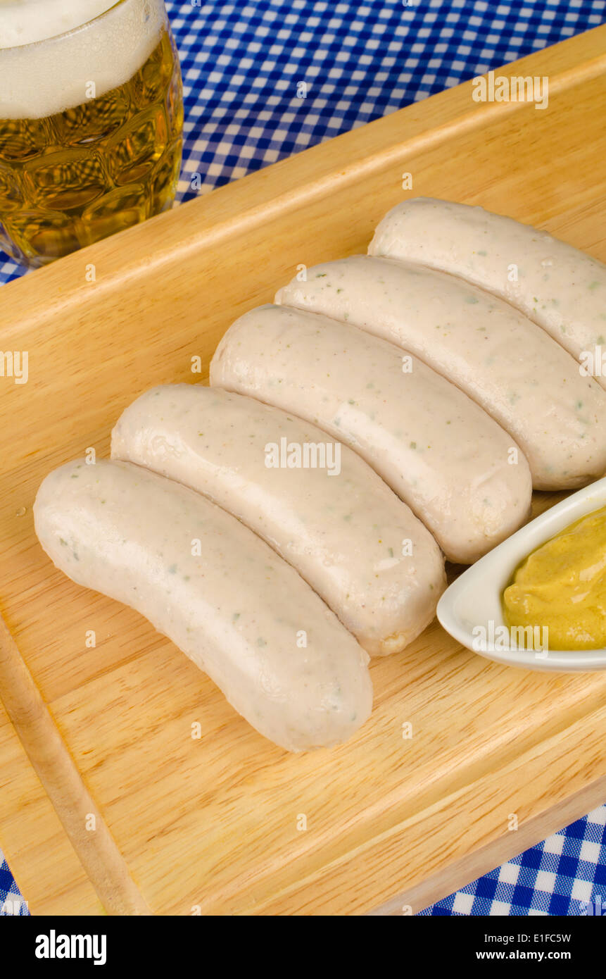 Beer, sausages and mustard, traditional German ingredients Stock Photo