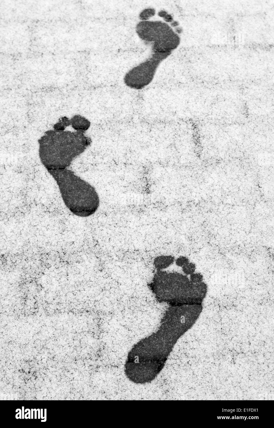 Three barefoot footprints on the frosty pavement Stock Photo