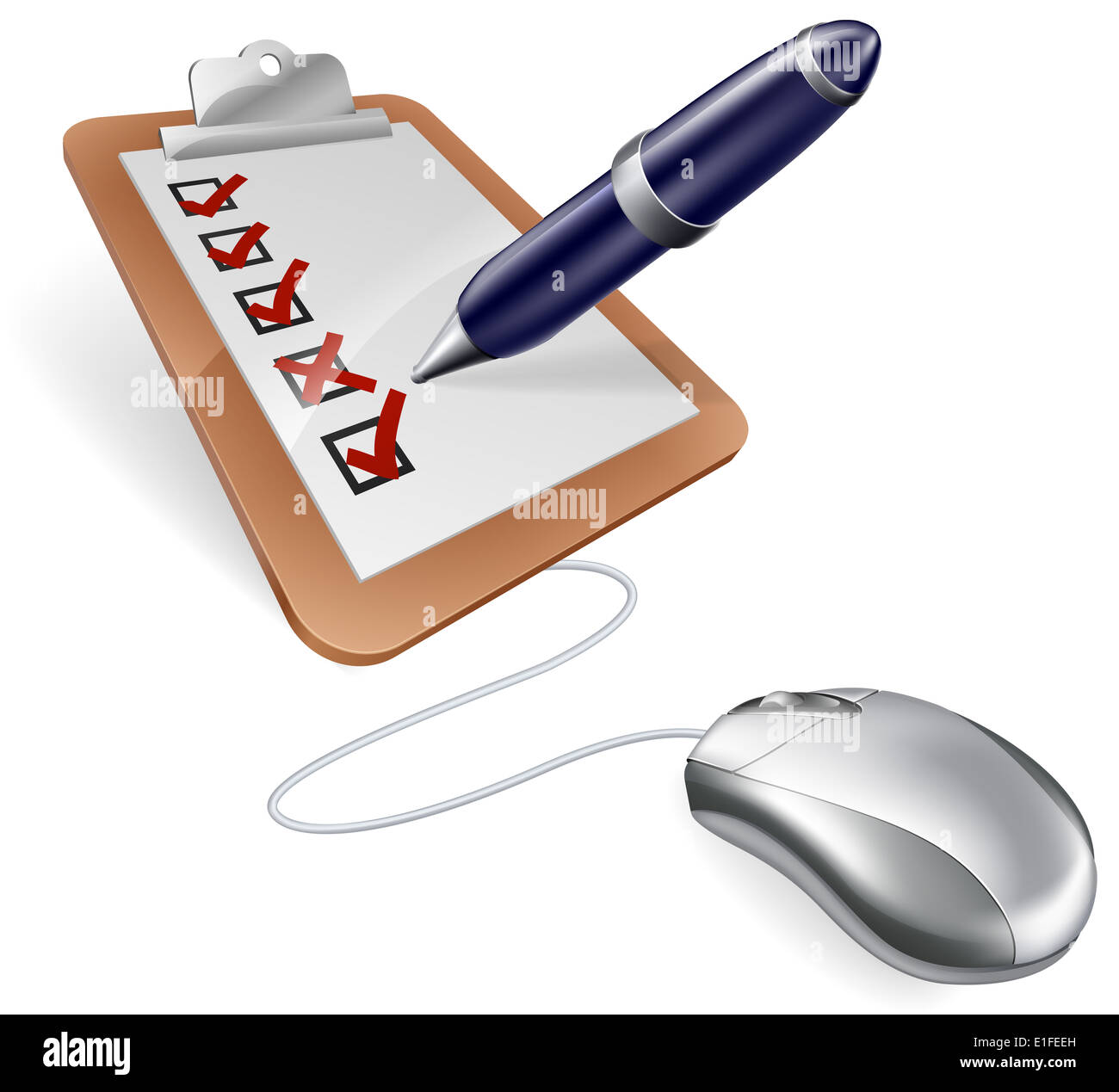 An illustration of a survey clip board or feedback form and computer mouse concept Stock Photo