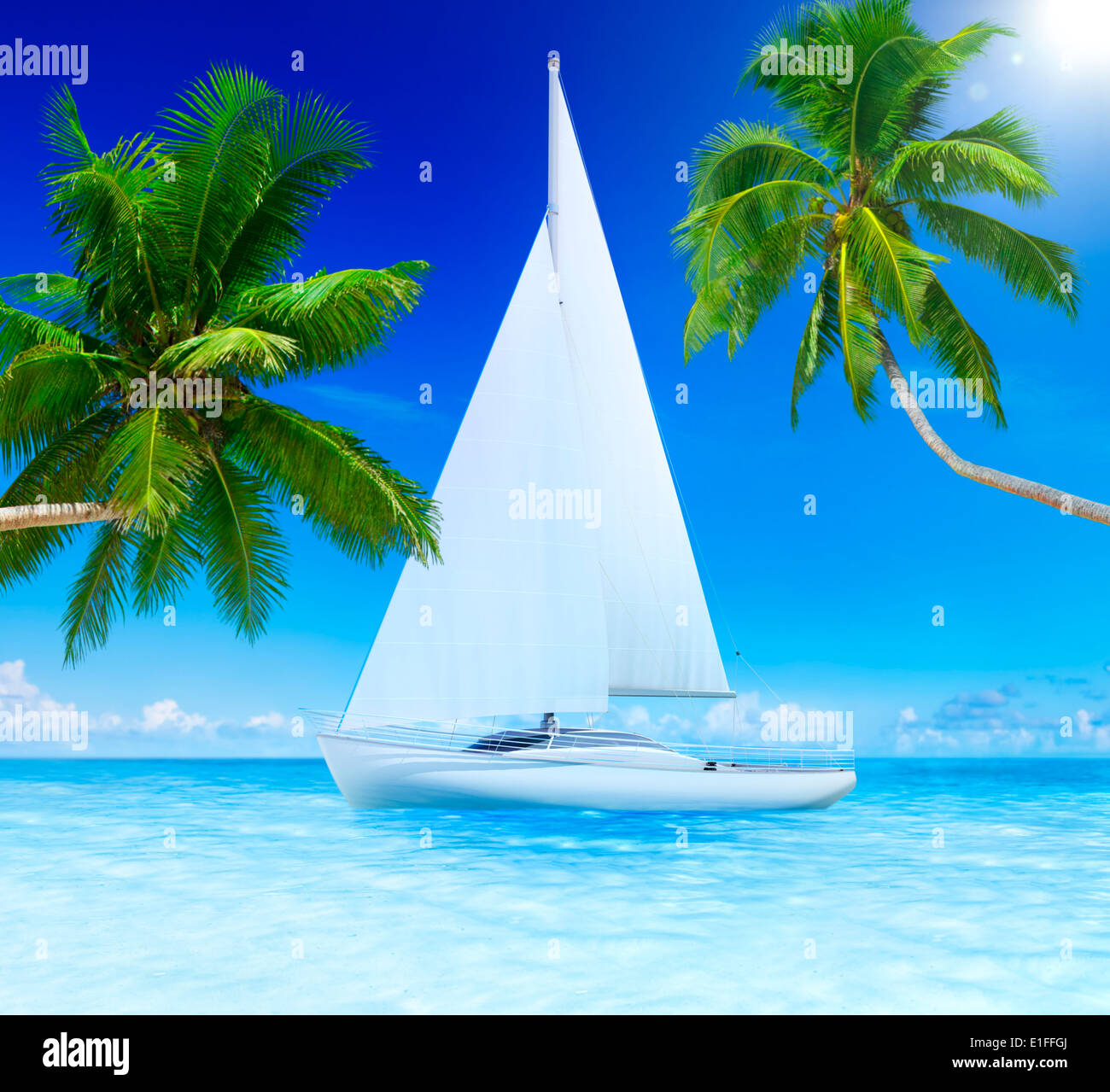 Yacht Sailing in a Sea with Coconut Palm Trees by the Side Stock Photo