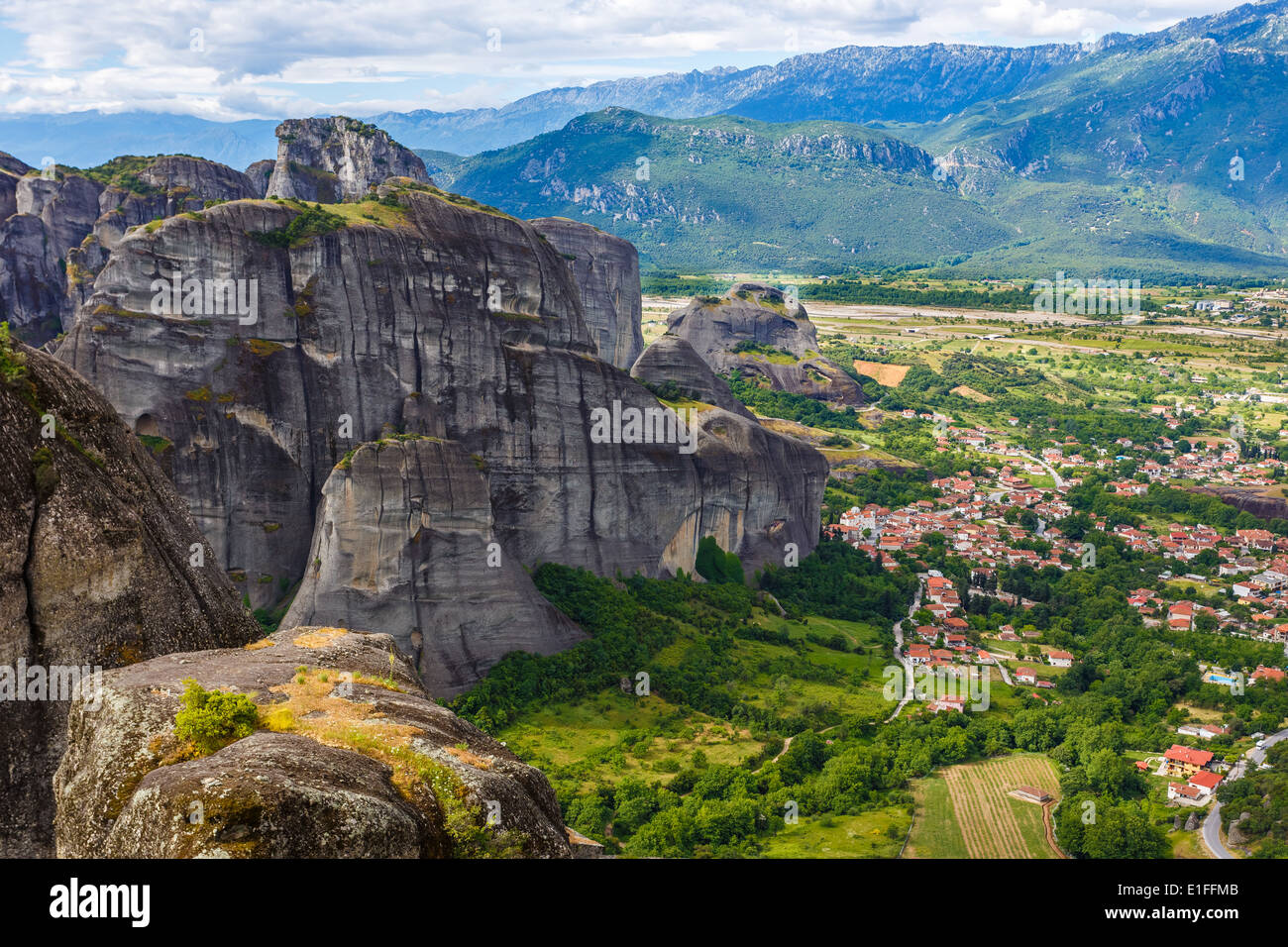 Kastraki village at Kalambaka city in Greece below the Meteora rocks, meaning 'suspended into air' Stock Photo