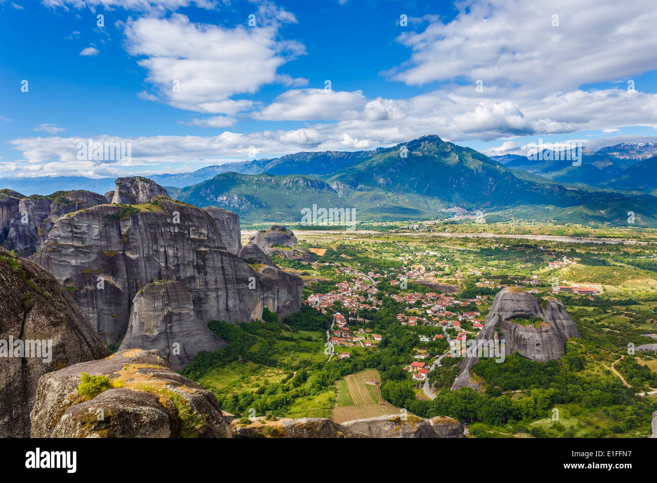 Kastraki village at Kalambaka city in Greece below the Meteora rocks, meaning 'suspended into air' Stock Photo