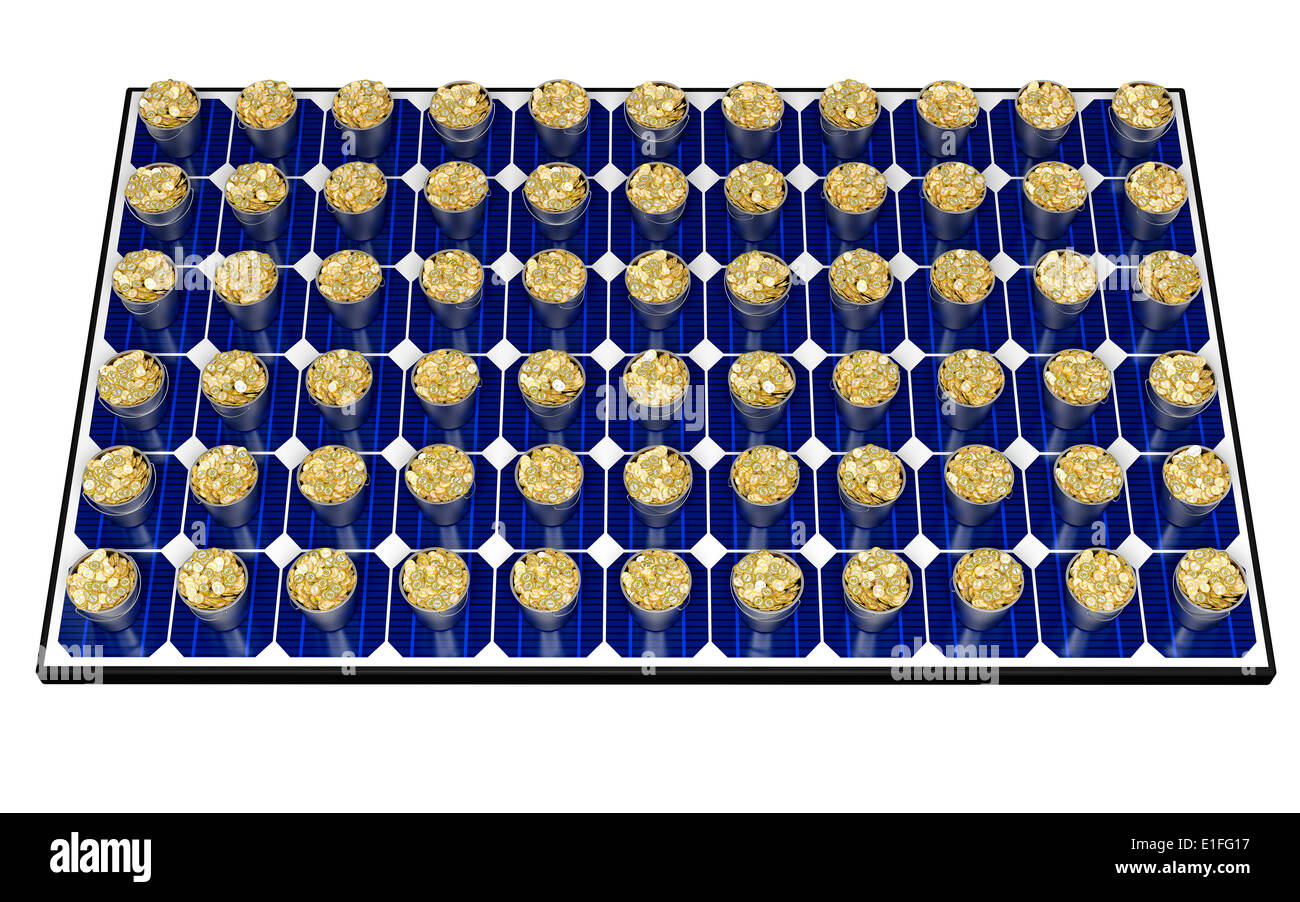 Solar Panel with buckets filled with coins Stock Photo