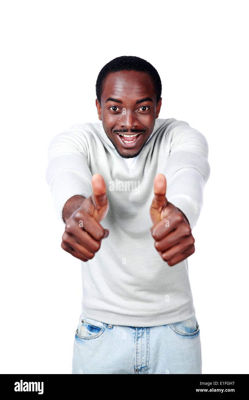 Funny african man standing with thumbs up over white background Stock Photo  - Alamy