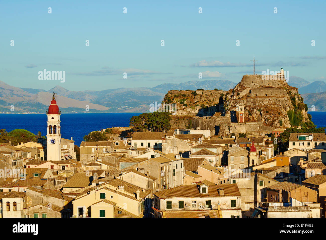 Greece, Ionian island, Corfu island, Kerkyra city, Unesco world heritage, the old Fortress and Agios Spyridon church Stock Photo