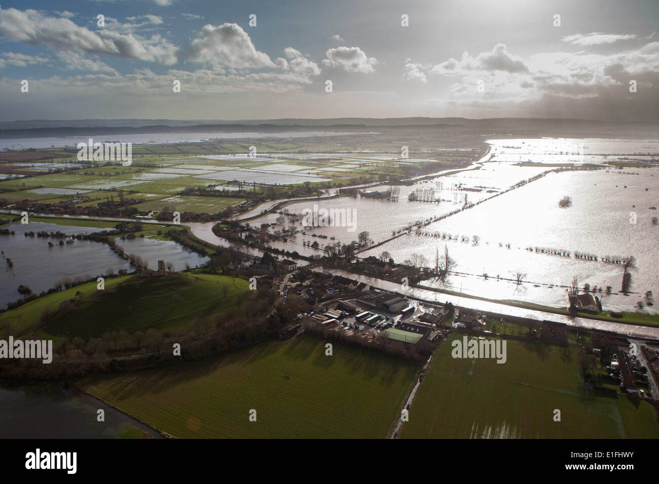 Burrow Mump and surrounding flooding, Burrowbridge in Somerset Stock Photo