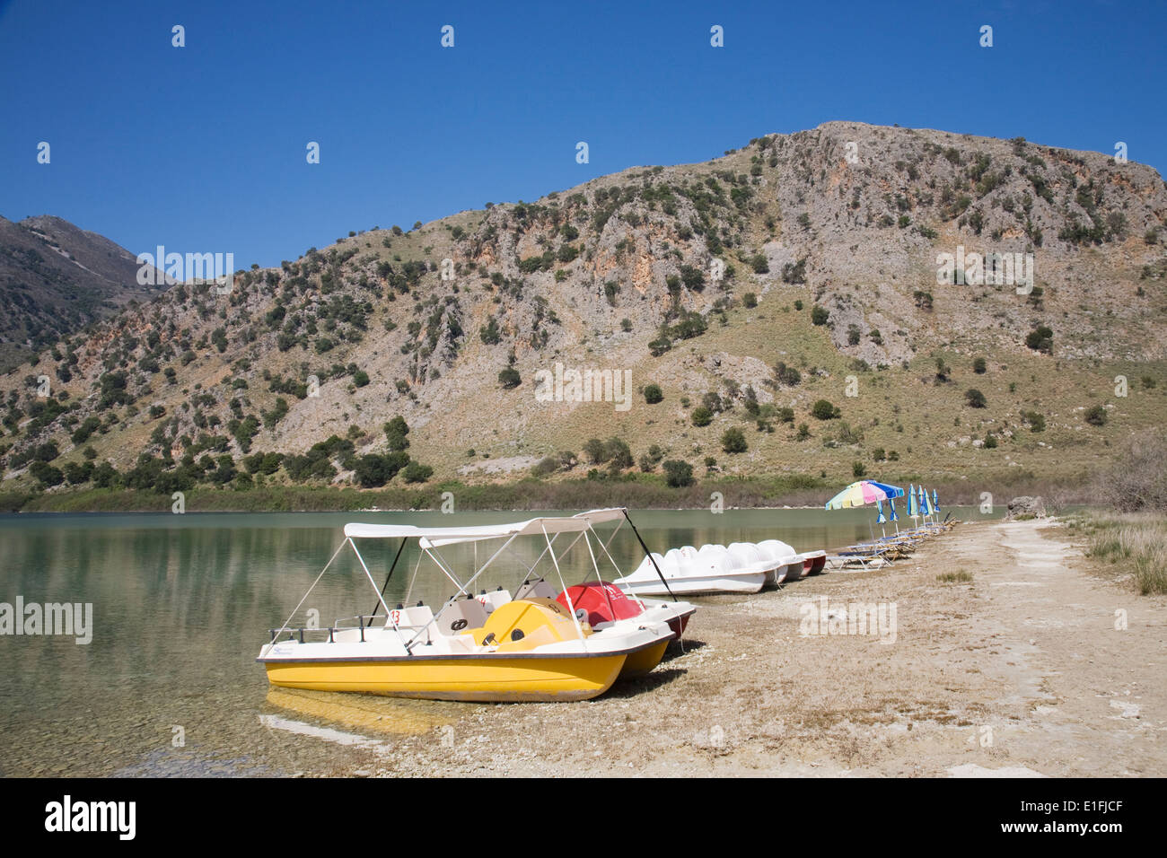 Pedaloes for hire at Lake Kourna near Georgioupoli, Crete. Stock Photo