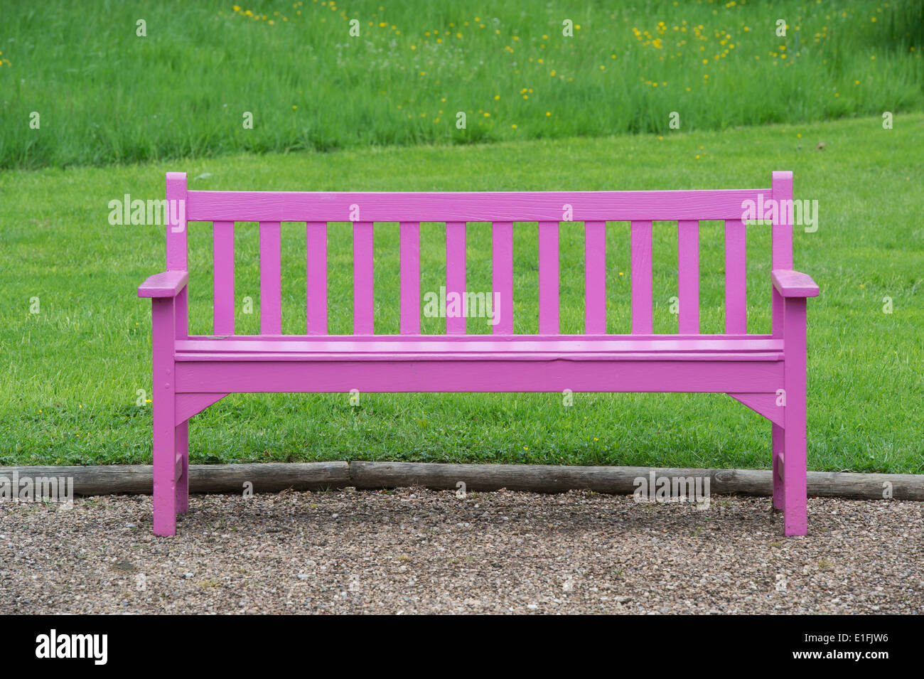 Pink Wooden Garden Bench against green grass. UK Stock Photo