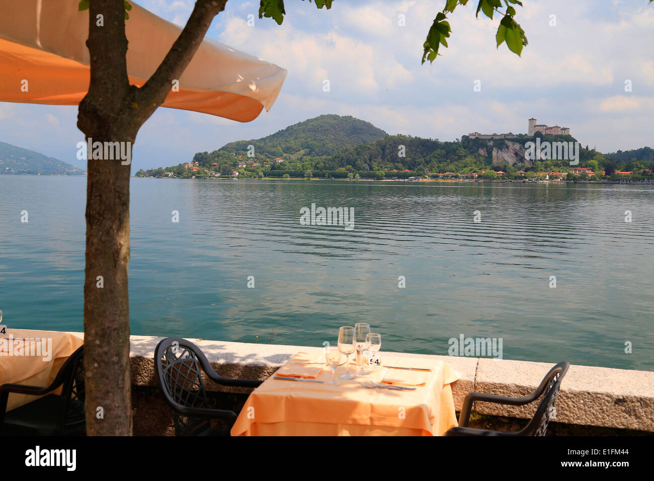 Lakeside restaurant tables - Arona Angera, Lake Maggiore Stock Photo