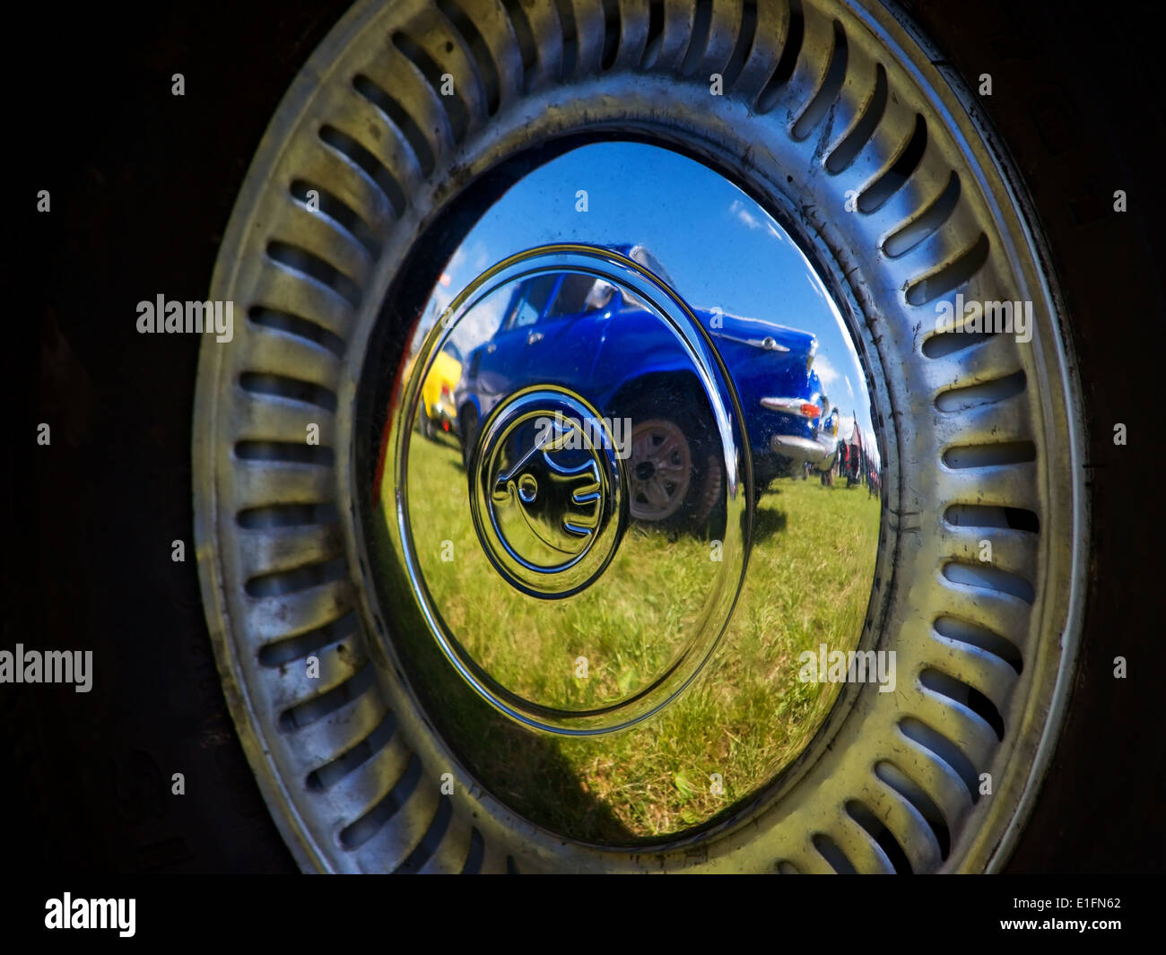 Reflections of blue historical car Stock Photo