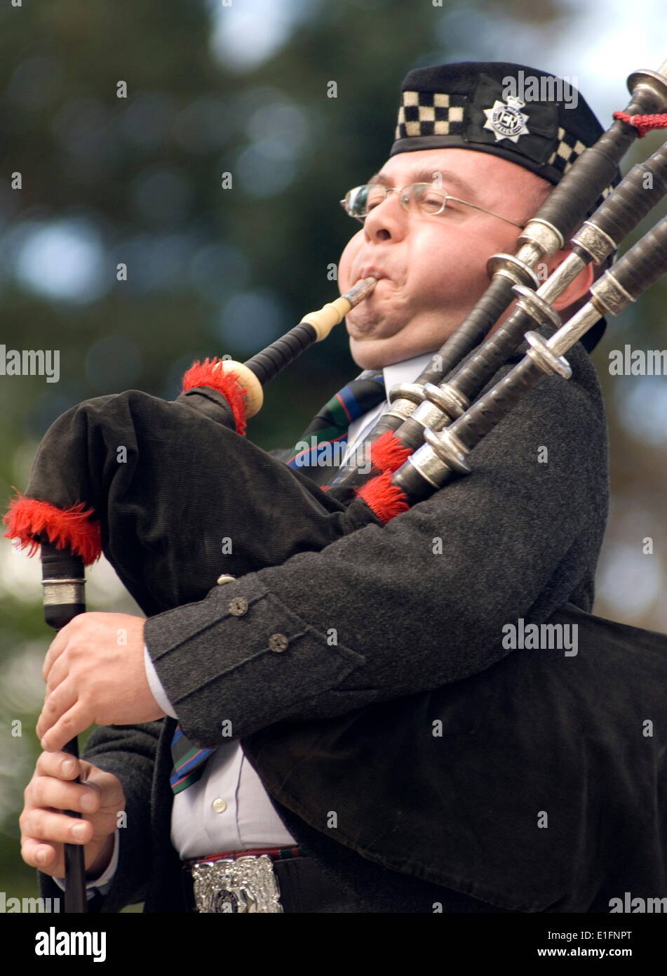 Piper blowing the pipes, Scottish Highland Games, Ballater, Aberdeenshire, Scotland, United Kingdom, Europe Stock Photo