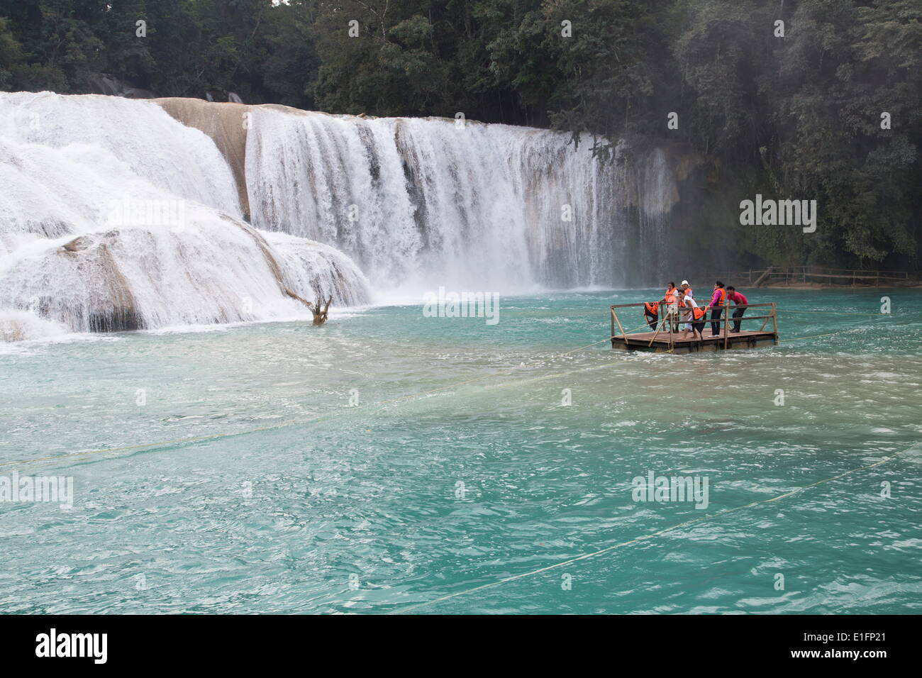 Churning cascades and tourists on raft, Rio Tulija, Parque Nacional de Agua Azul, near Palenque, Chiapas, Mexico, North America Stock Photo