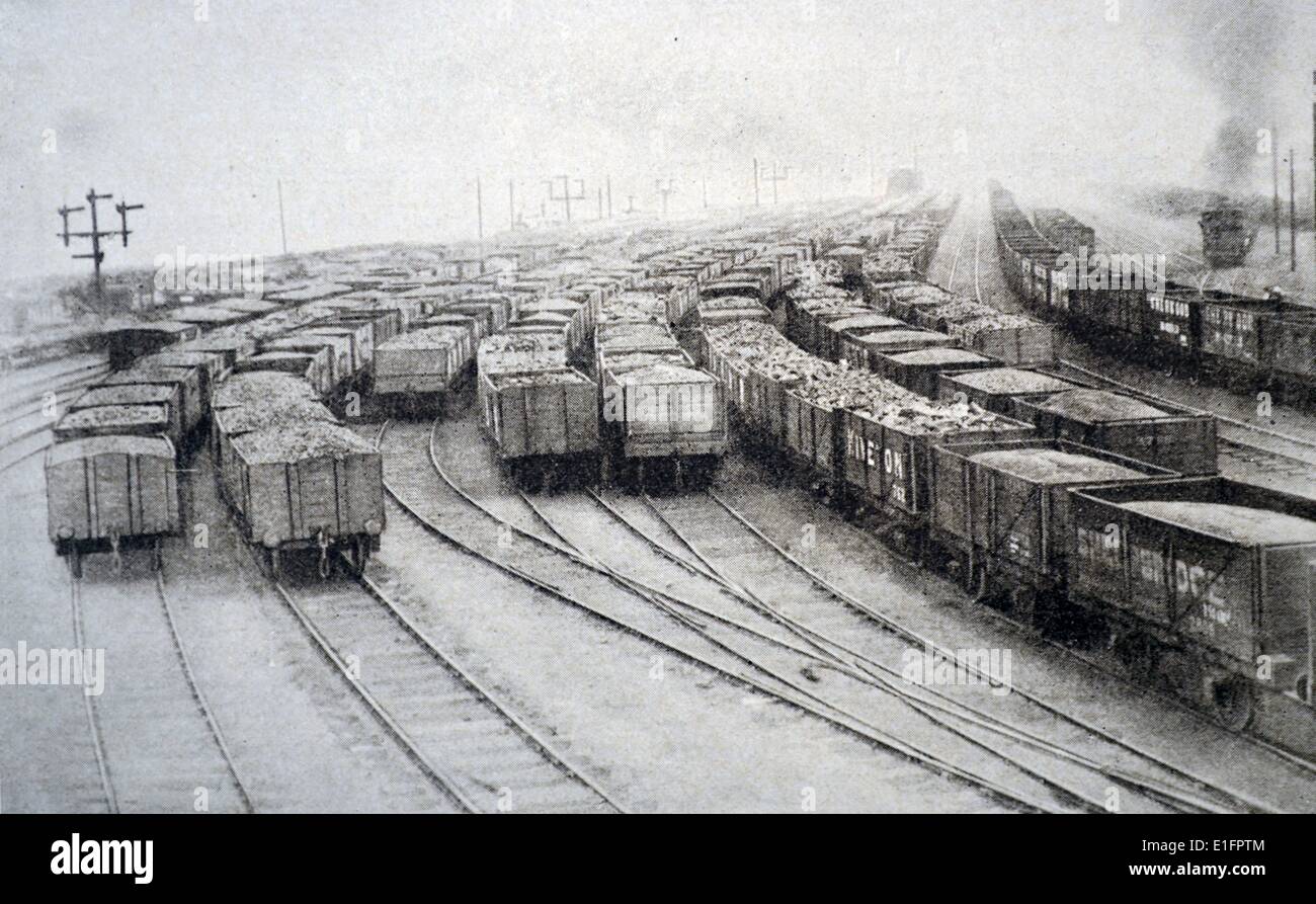 The photograph was taken during the mining dispute of 1921, which arose over a question of wage adjustment and hours of working and shows nine hundred trucks of export coal awaiting shipment from the Grimsby Dock coaling station. An example of the First Great Post-War Industrial Crisis. Stock Photo