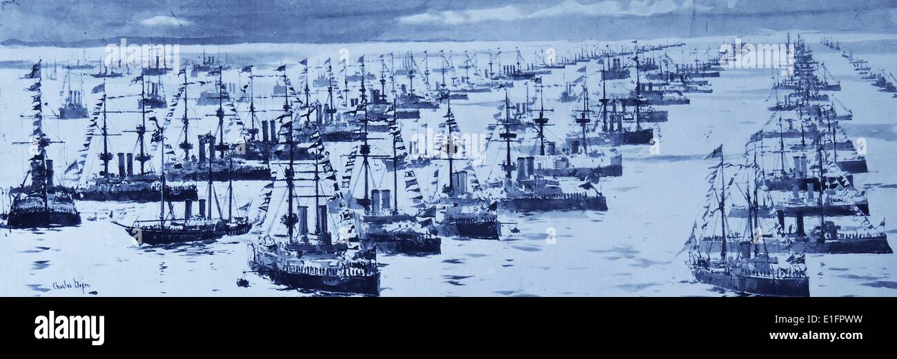 Illustration depicting ships of the British Navy anchored off of Spithead. Spithead is an aread of the Solent in Hampshire, England. The Fleet Review, a British tradition where the Monarch reviews the massed Royal Navy, usually takes place in Spithead. Dated 1897 Stock Photo