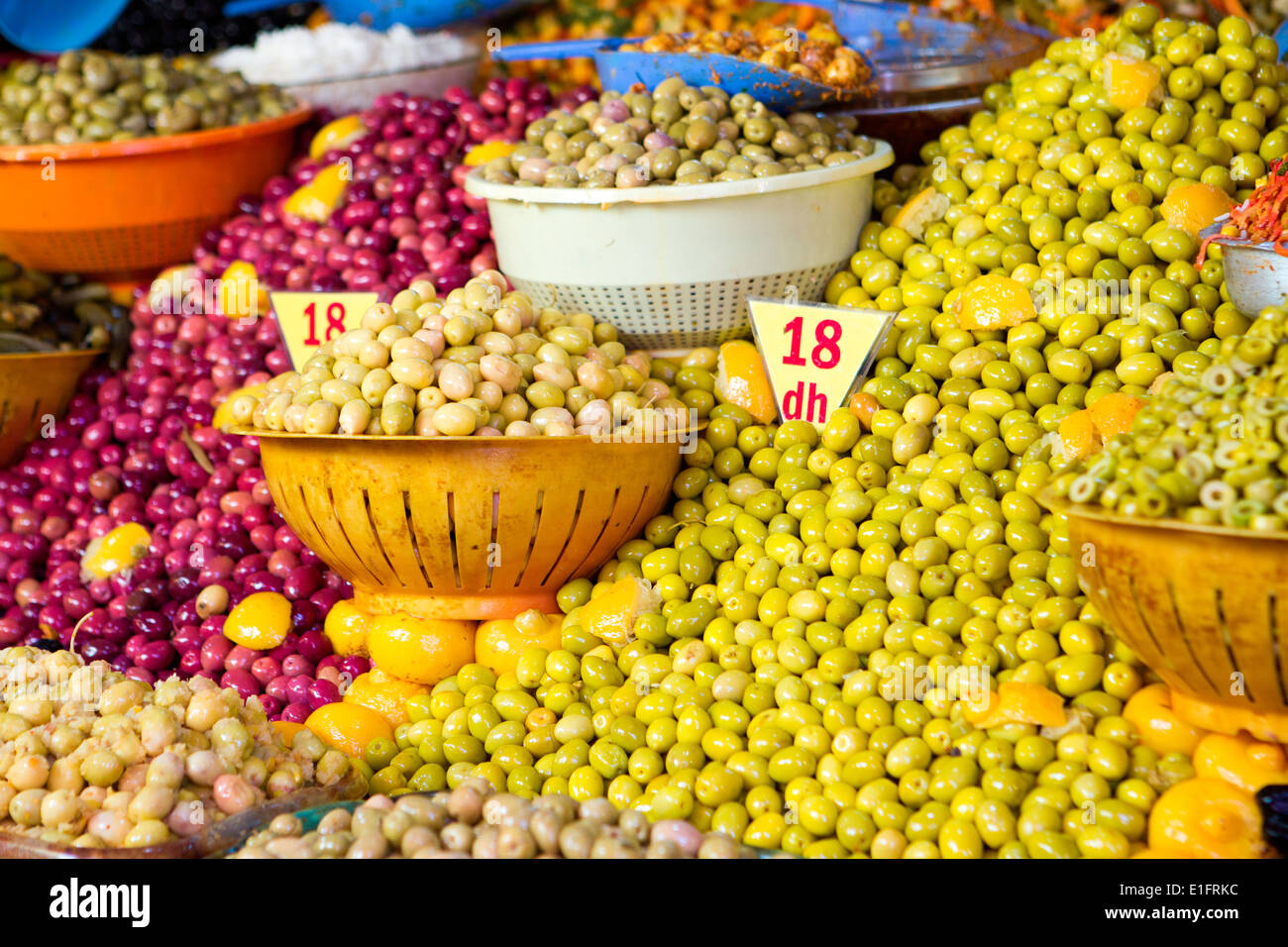 A Colourful display of olives for sale at the local market in the Old