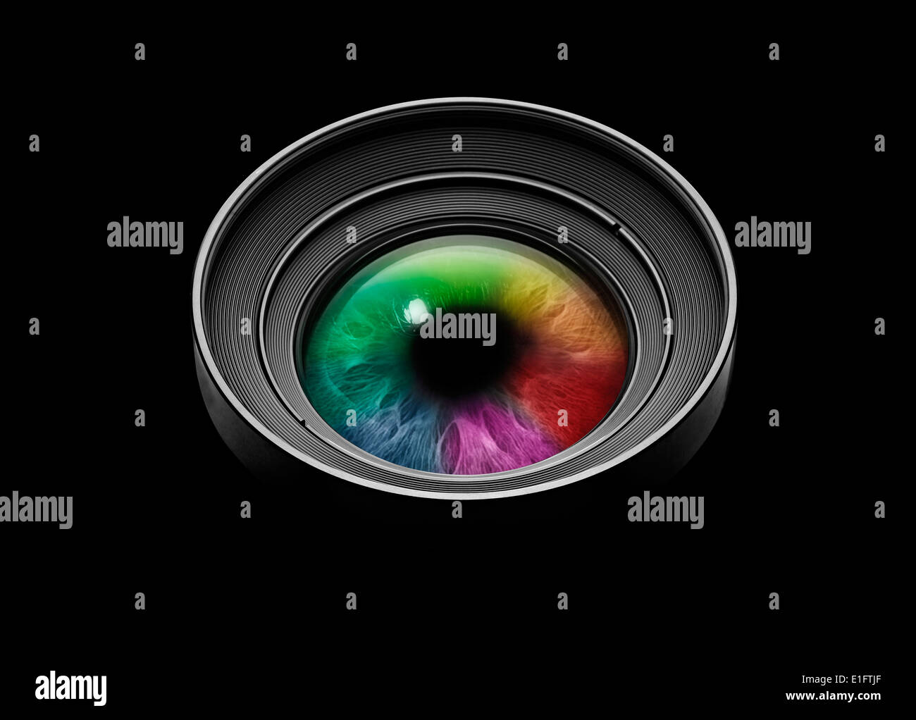 Camera lens with multicolored eye on black Stock Photo
