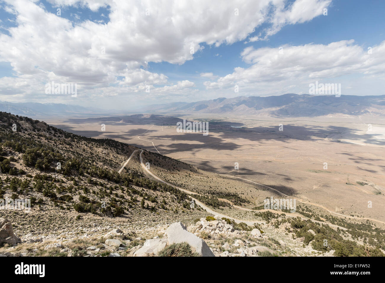 Sweeping vista towards Lone Pine and the Alabama Hills in California's Owens Valley. Stock Photo