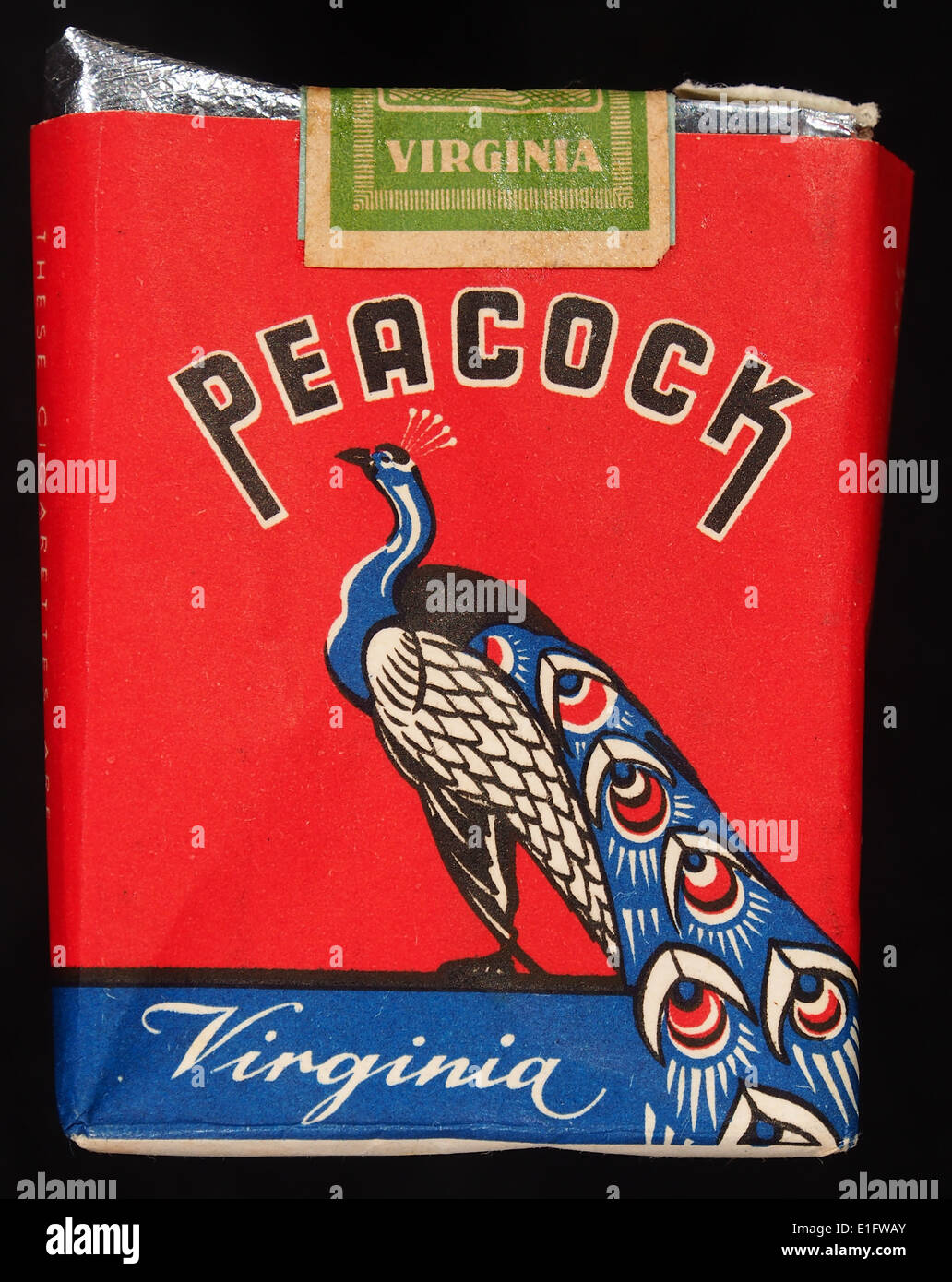 The back of a Peacock cigarettes pack, featuring the design and branding by  Christo Cassimis. The pack reflects the typical tobacco packaging  aesthetics from the mid-20th century, commonly used for marketing to