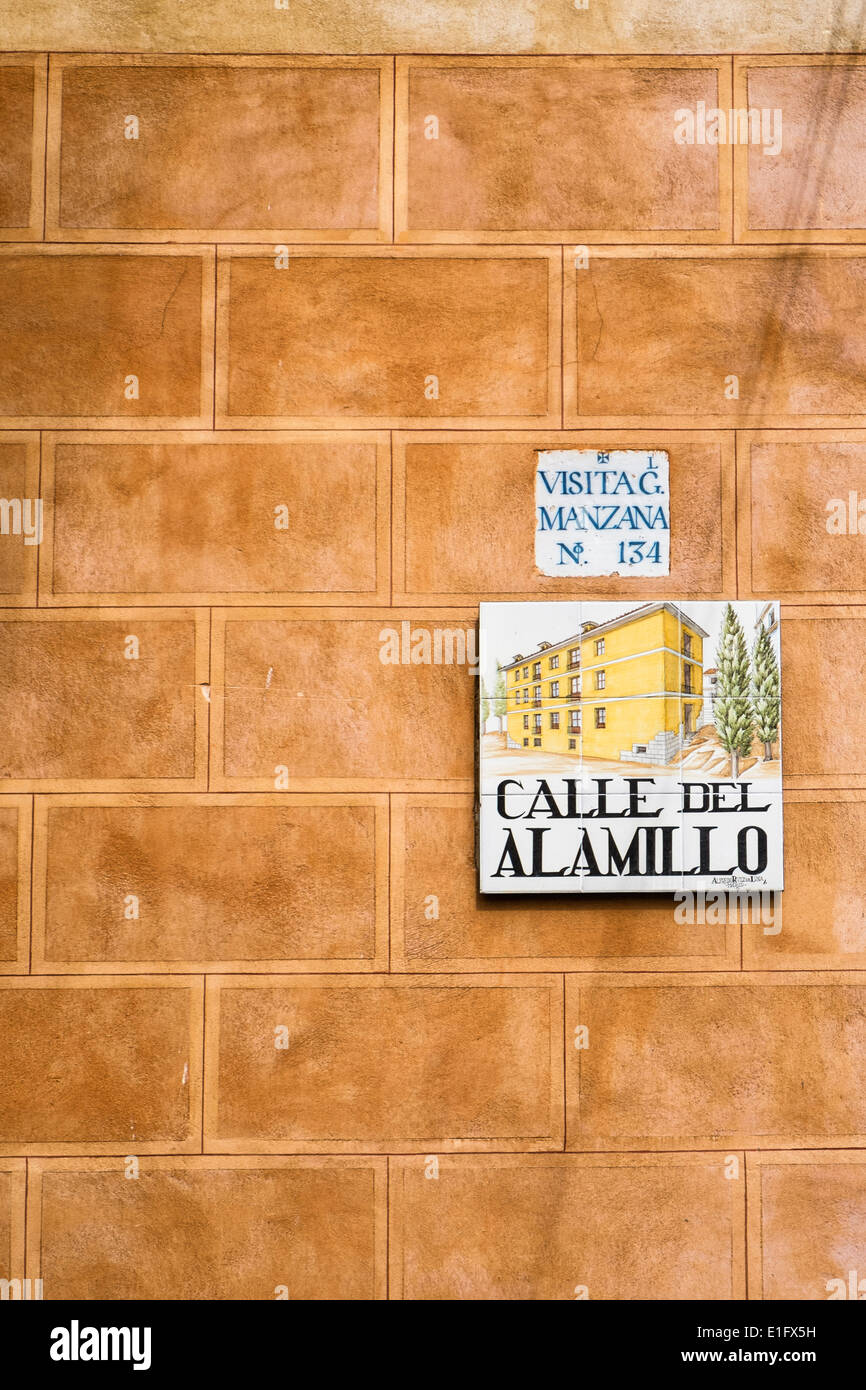 Tiled street sign for Calle del Alamillo in the historic centre of Madrid Spain Europe Stock Photo