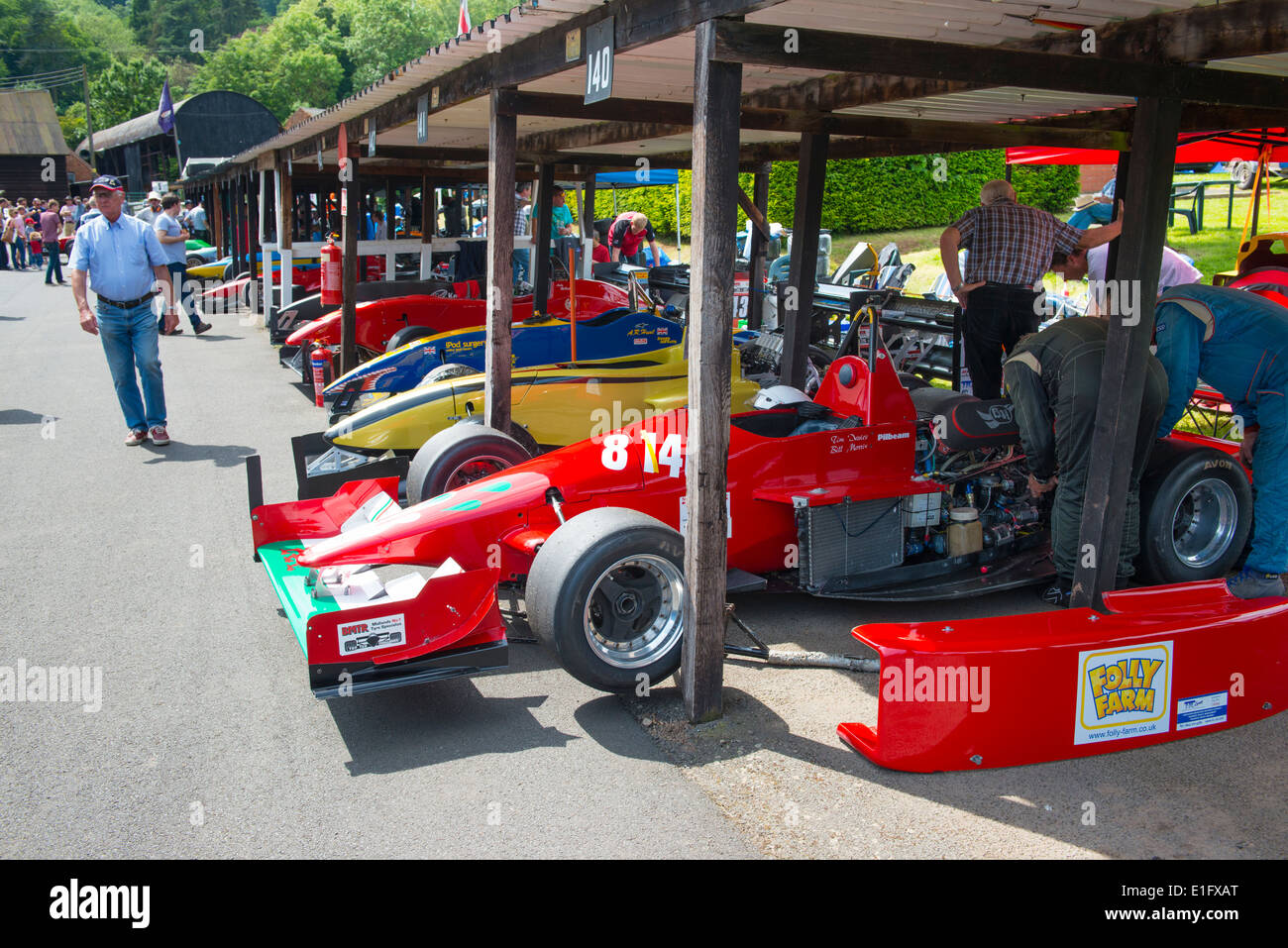 Racing cars in the paddock at Shelsley Walsh hill climb Worcestershire England UK Stock Photo