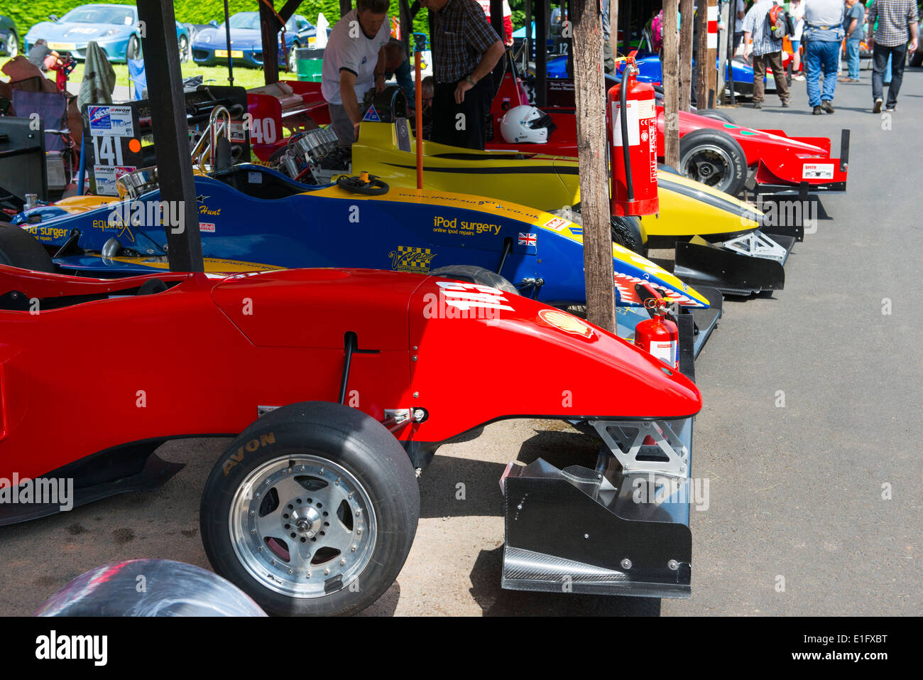 Racing cars in the paddock at Shelsley Walsh hill climb Worcestershire England UK Stock Photo