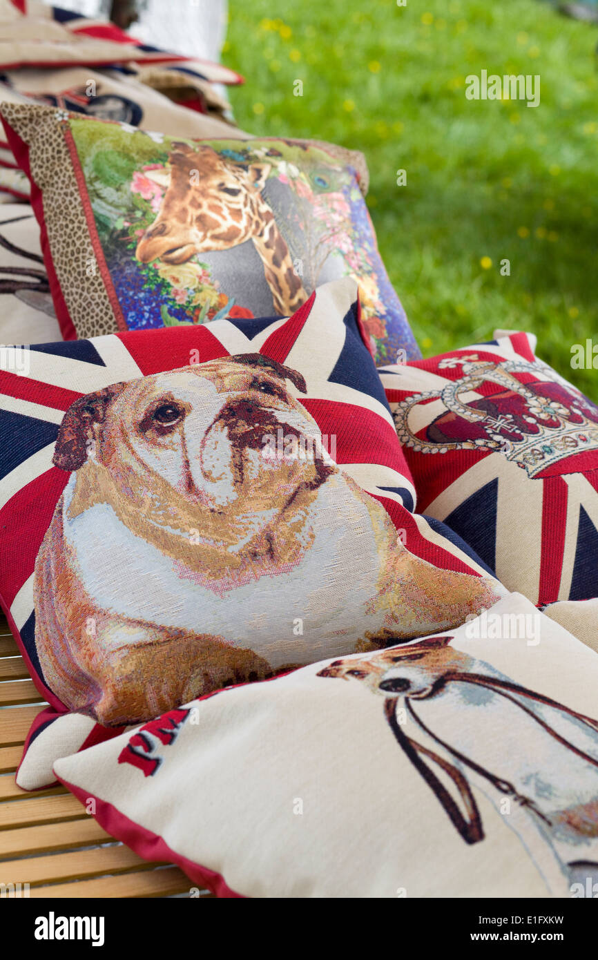 Soft furnishings on a market stall Stock Photo