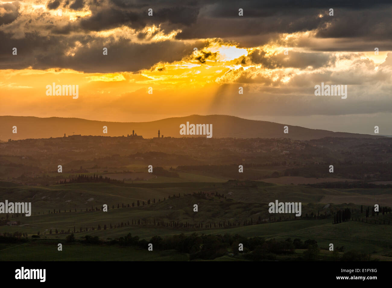 Sunset, Crete Senesi, Landscape, Siena, Tuscany, Italy Stock Photo