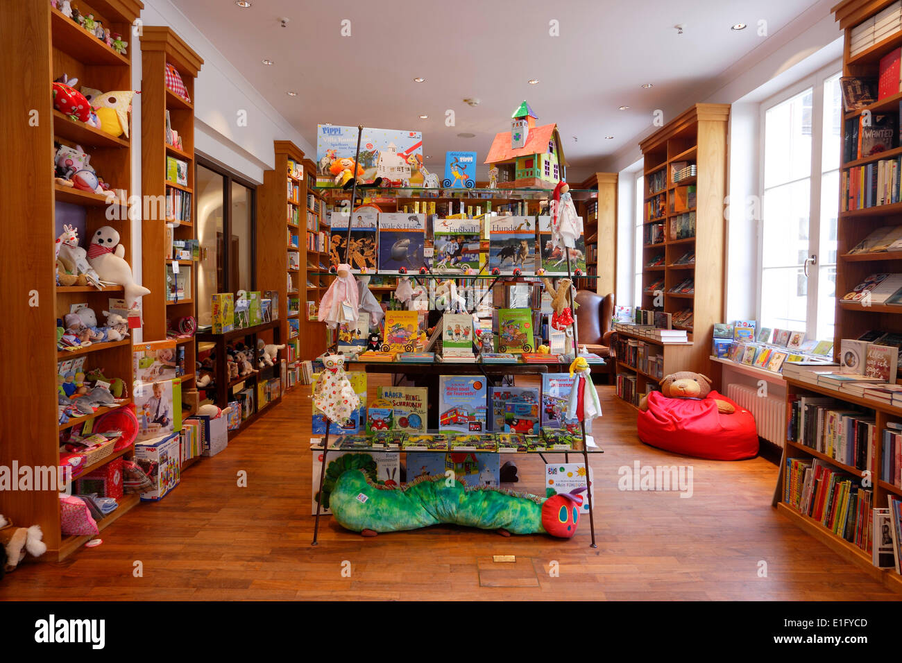 The interior of the foyer in Elmau castle near Kruen with the book store of the hotel - 5 May 2014 Stock Photo