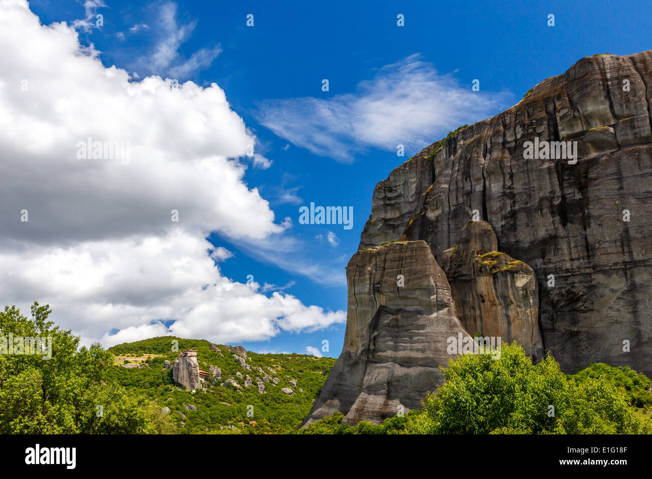 Roussanou Monastery in Meteora rocks, meaning 'suspended into air' in Trikala, Greece Stock Photo