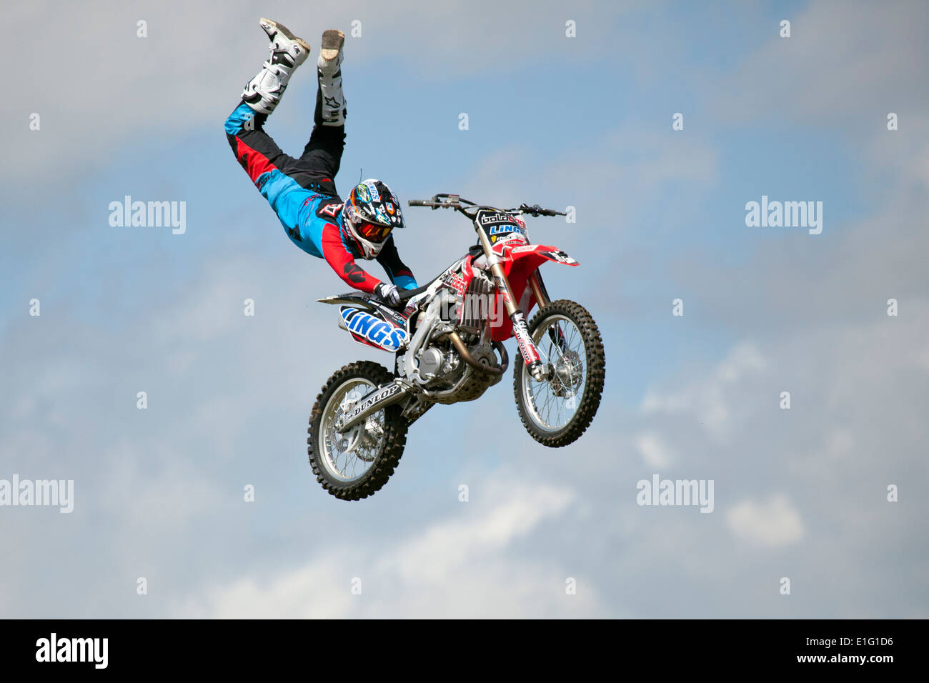 Redbourn Hertfordshire England County Show Motorbike Motorcycle Stunt Display Team Aerial Tricks Bolddog Lings Freestyle Rider Stock Photo