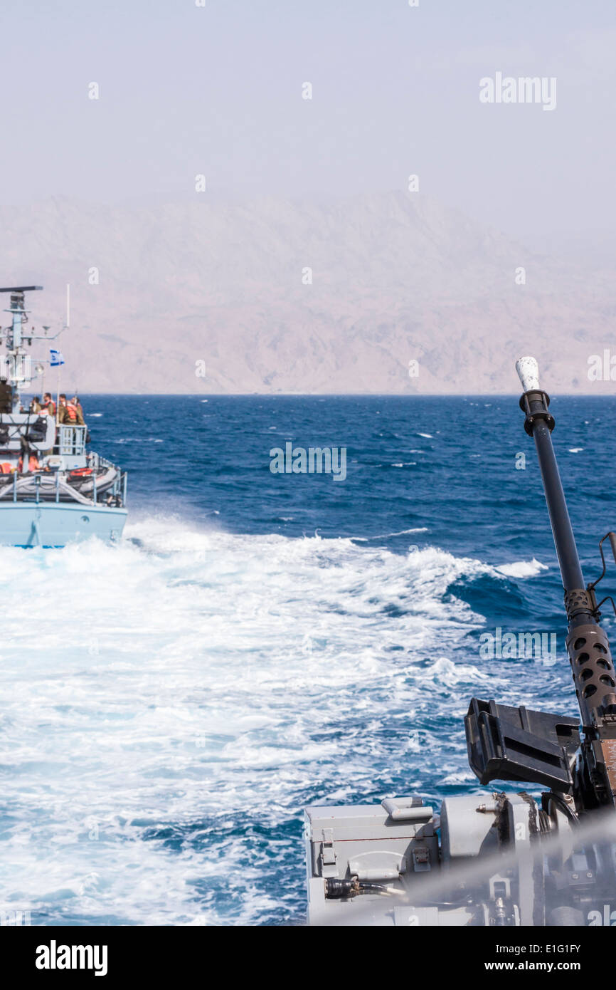 Israel. Navy patrol boats near the city of Eilat and the Israeli-Jordanian border. Aqaba (Edom) mountains in background. Stock Photo