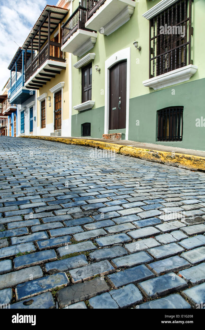 Cobblestones and Spanish Colonial buildings, Old San Juan, Puerto Rico Stock Photo