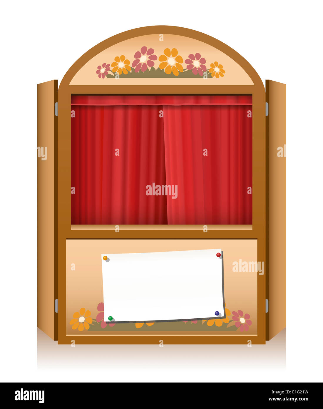 Wooden punch and judy booth with closed red curtain and a blank staging announcement banner, that can individually be lettered. Stock Photo