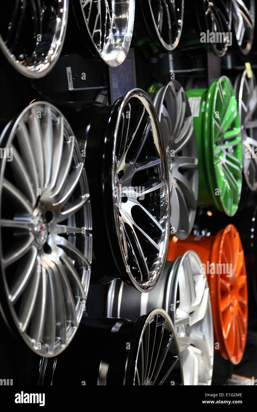 Design light-alloy rims at the AMI - Auto Mobile International Trade Fair on June 1st, 2014 in Leipzig, Saxony, Germany Stock Photo