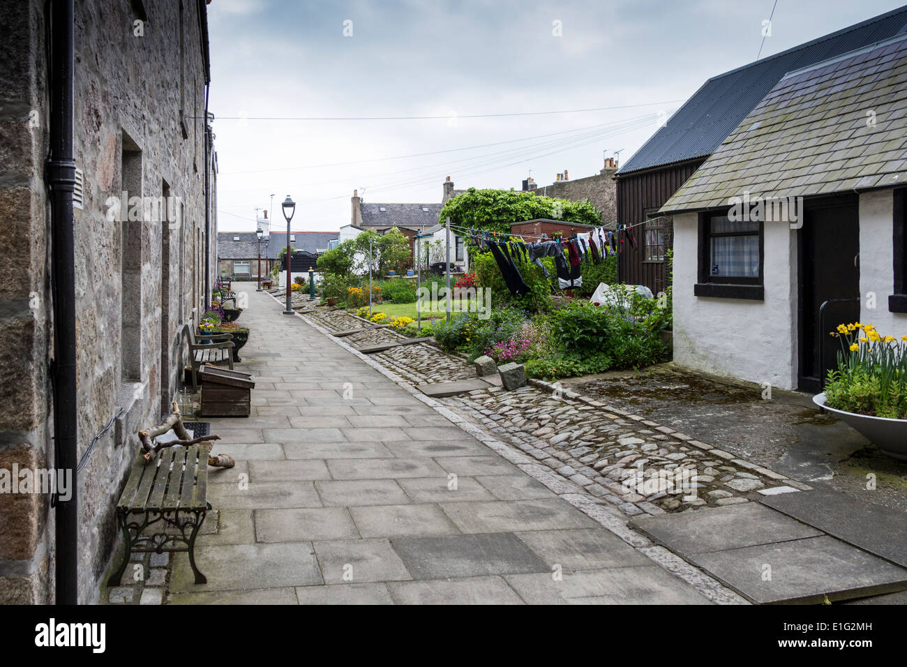 Outhouses and gardens, Footdee (Fittie), Aberdeen, Scotland Stock Photo