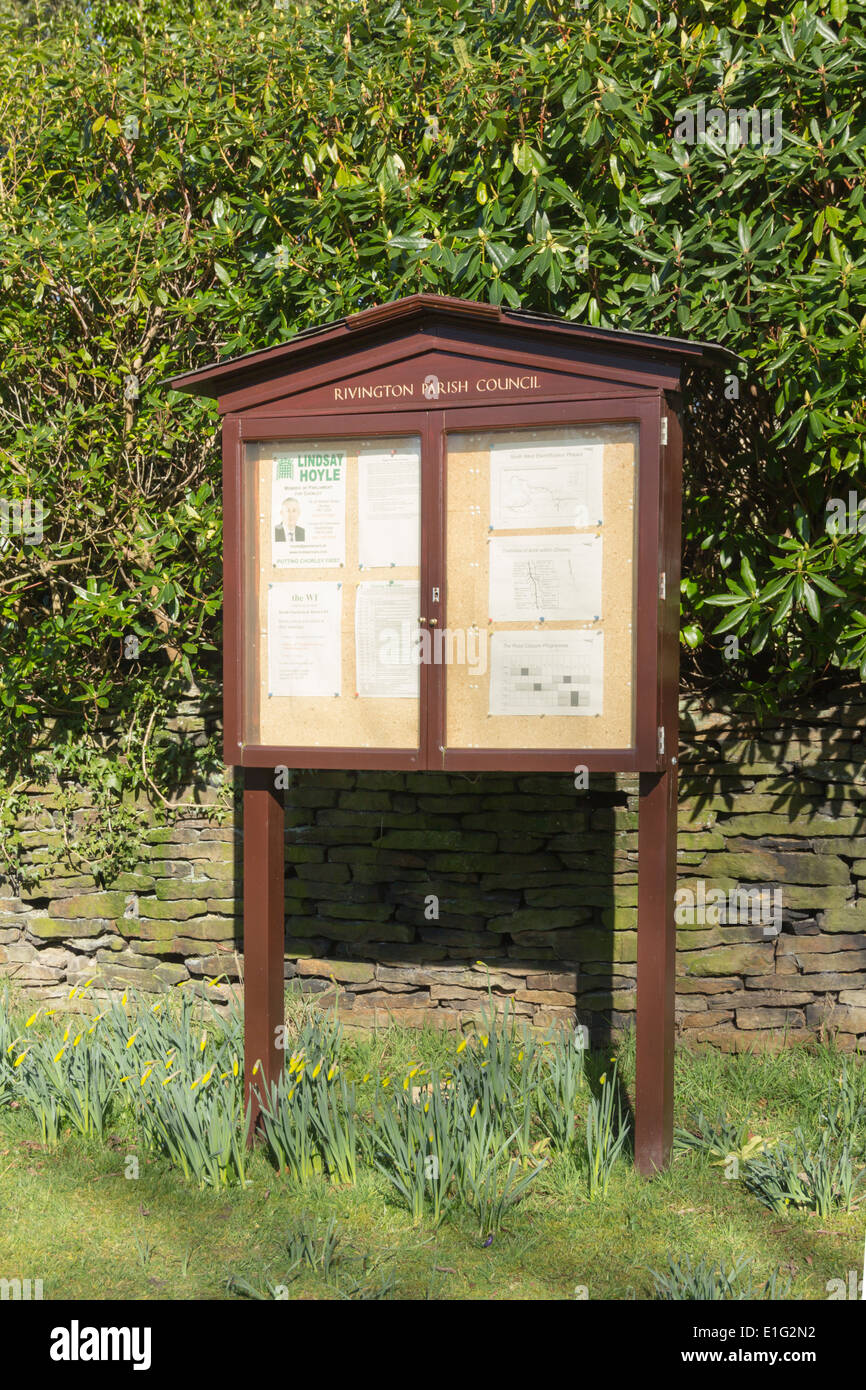 The parish council notice board in the village of Rivington, Lancashire. Stock Photo