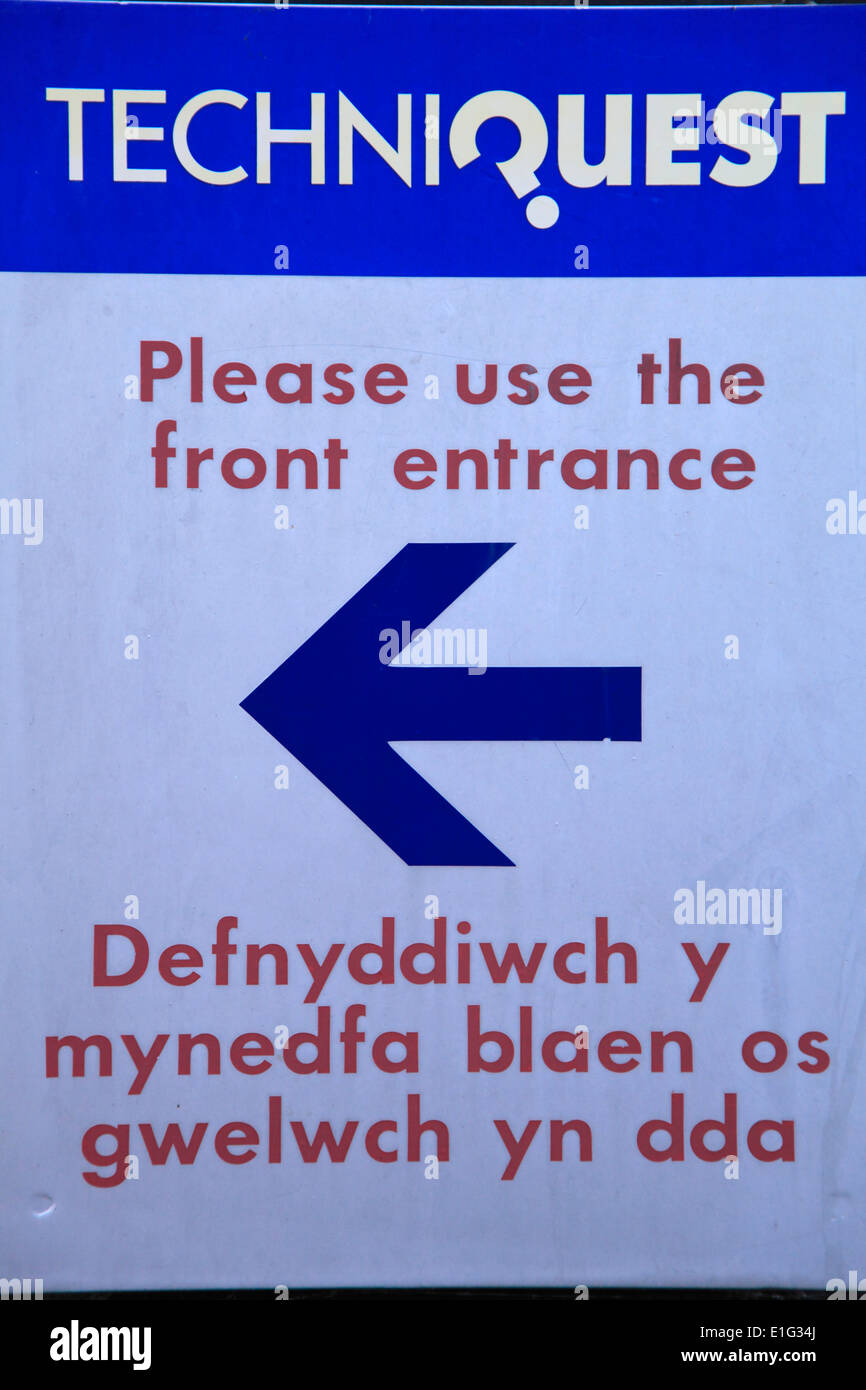 UK, Wales, Cardiff, Bay, Welsh language sign, Stock Photo