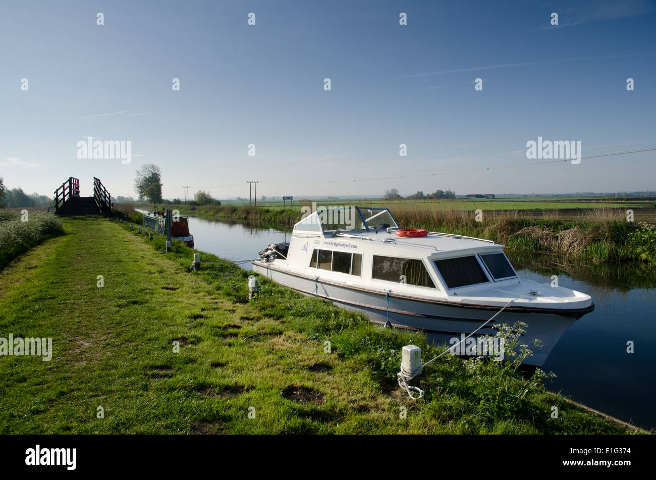 Bridge Boatyards boat 'Sunseeker' moored at the EA moorings on Reach Lode off the River Great Ouse, near Ely, Cambridgeshire Stock Photo