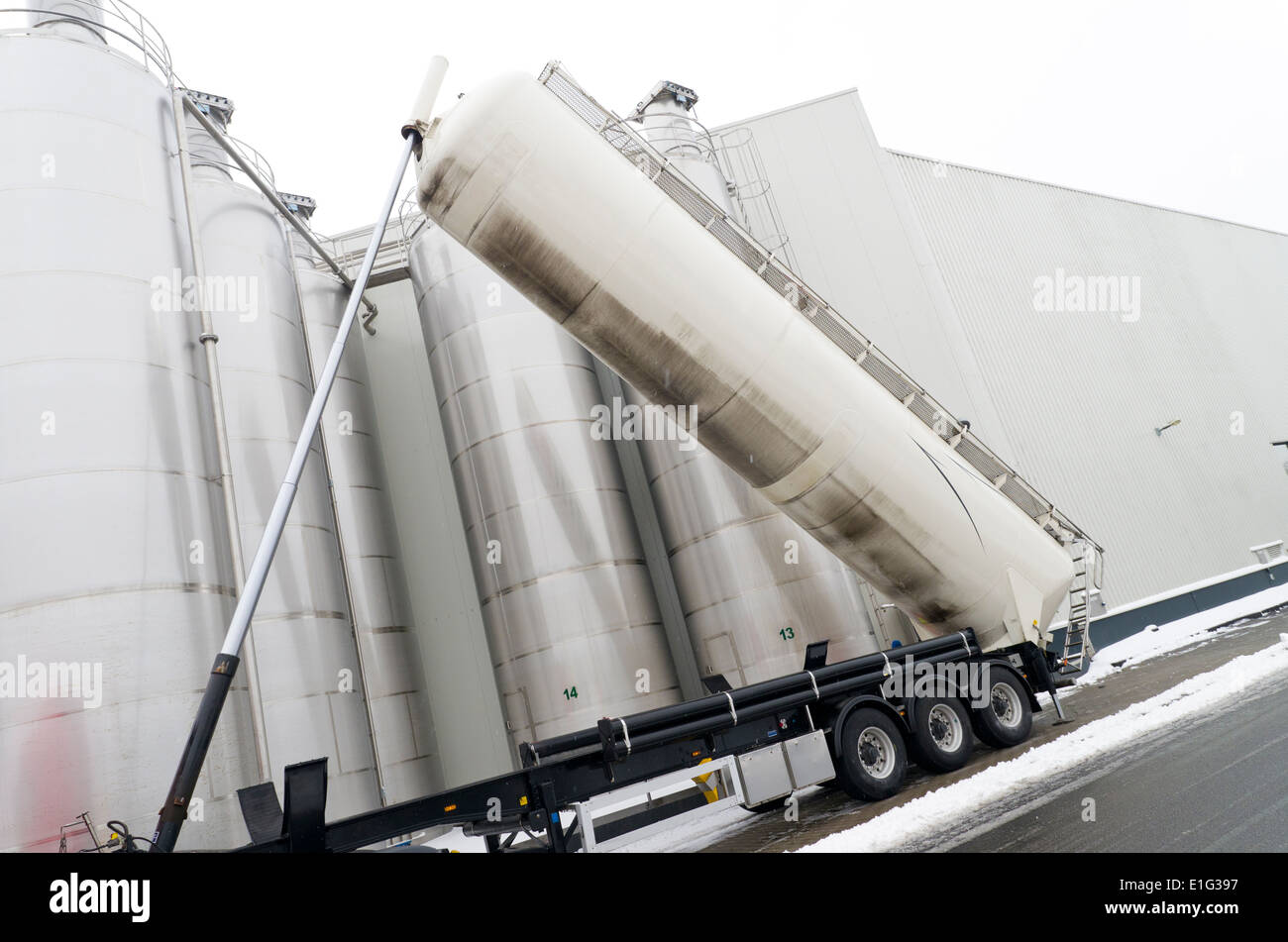 tanker truck refilling some large silos for food industry Stock Photo