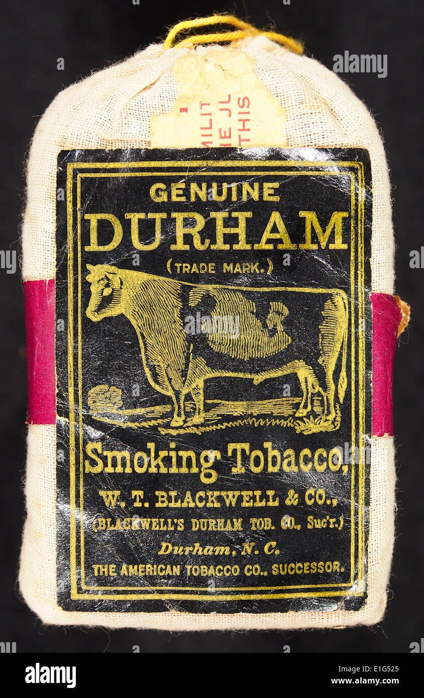 The Durham tobacco pouch is used for storing loose leaf tobacco. It is a  popular accessory for roll-your-own cigarette enthusiasts, known for its  convenience and durability Stock Photo