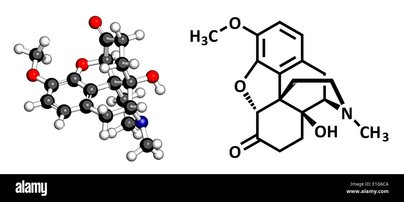 Oxycodone pain relief drug, chemical structure. Conventional skeletal