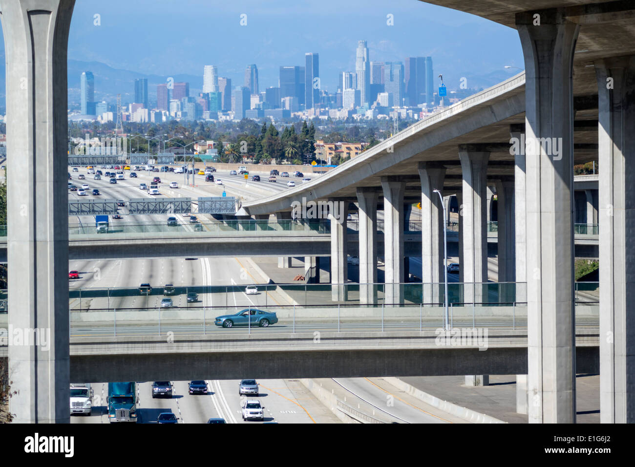 Los Angeles California,Interstate 110 105 I-110 I-105 Harbor Freeway highway overpass,freeway,motorway,interchange,junction,elevated roadway,curve,sup Stock Photo