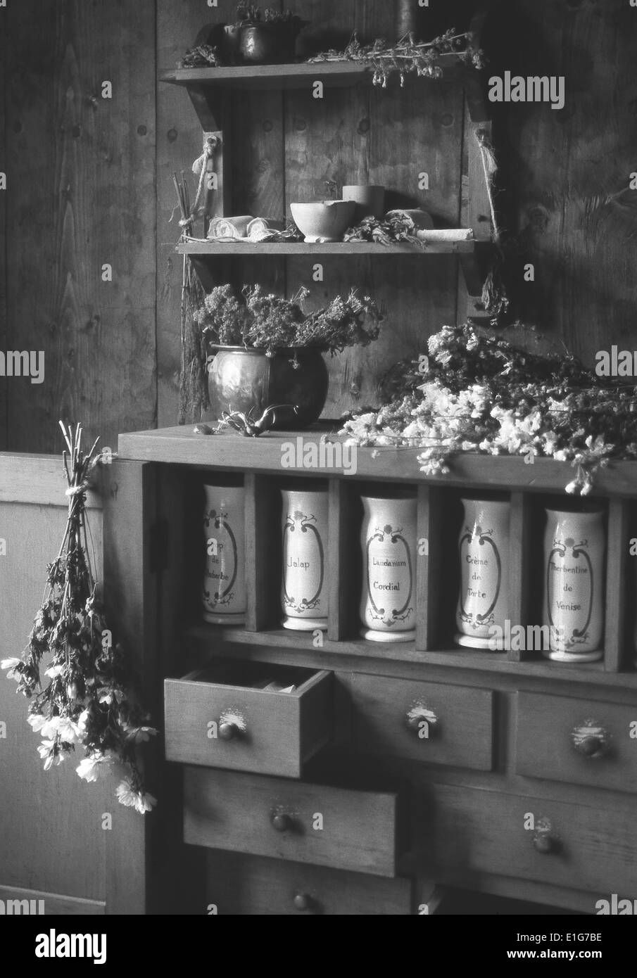 A shelf of apothecary jars,Port Royal Habitation,Nova Scotia Stock Photo