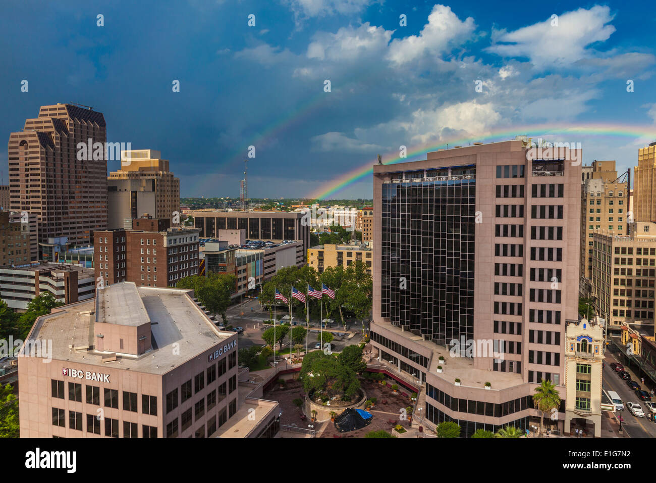 Double Rainbow over downtown San Antonio Stock Photo