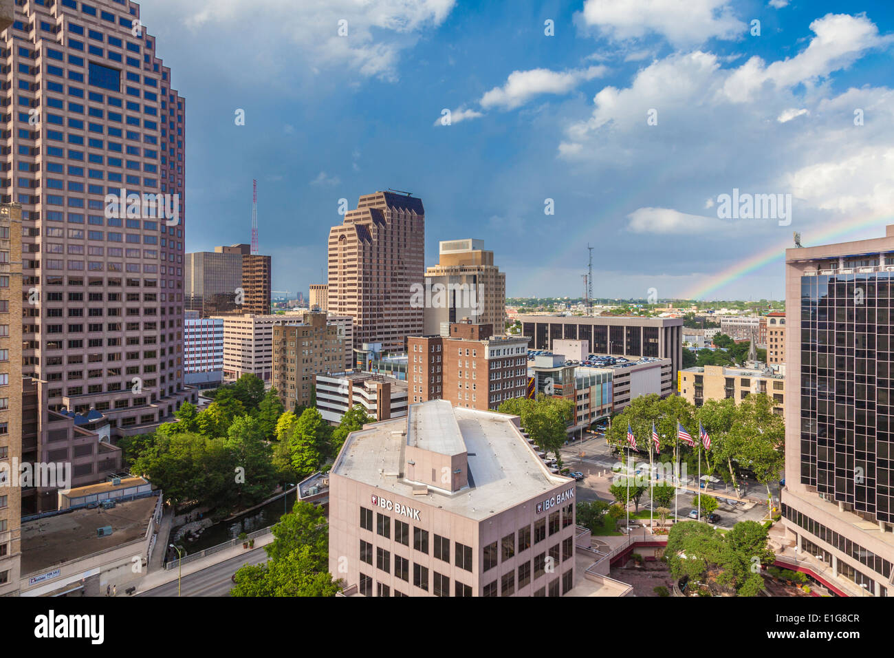 Double Rainbow over downtown San Antonio Stock Photo