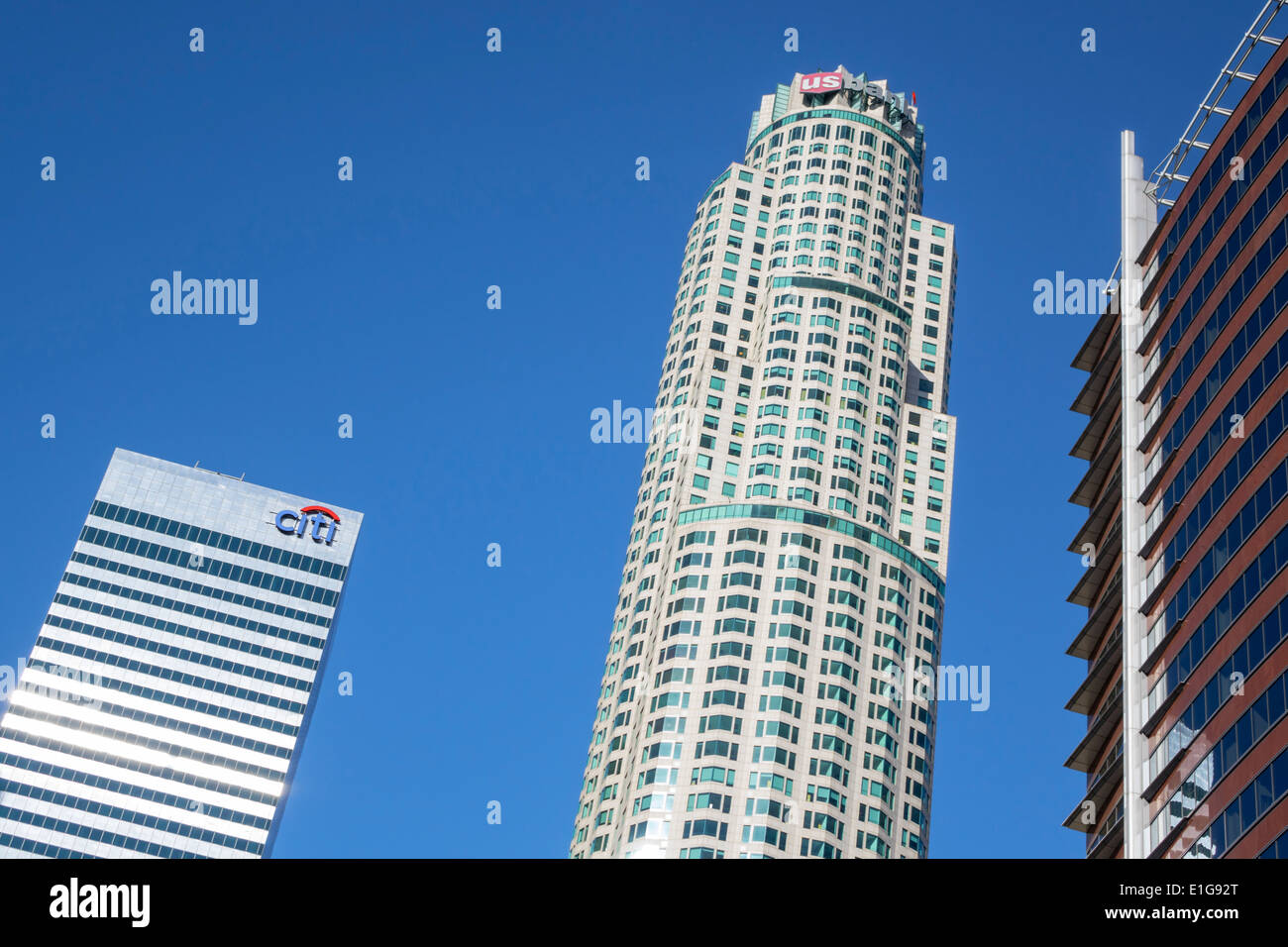Los Angeles California,Downtown,Financial District,city skyline,skyscraper,high-rise,building,US Bank Tower,Library Tower,round,postmodern,architectur Stock Photo