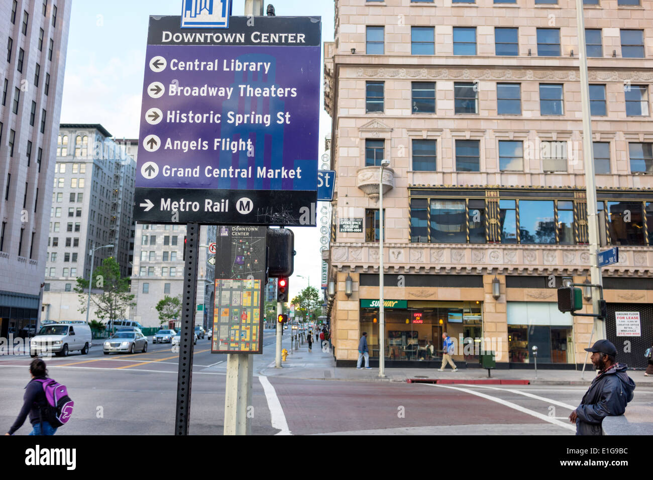 Los Angeles California,Downtown Center,central business,district,street scene,intersection,corner,sign,direction historic sites,Black man men male,inf Stock Photo